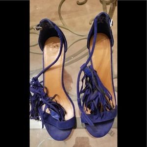 Blue fringe wedge heels